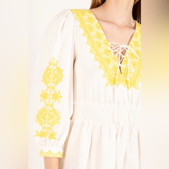 Secret Mission Gina Yellow Embroidered Organic Cotton Linen Blend  Dress Small - Picture 7 of 9